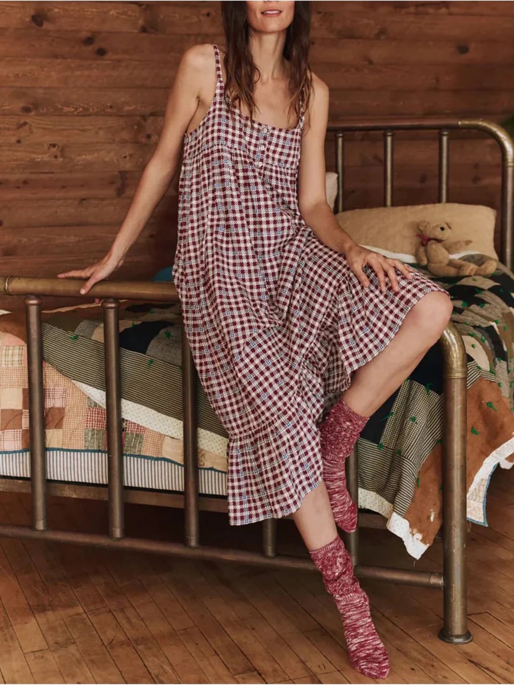 The Great. Ruffle Tank Night Dress in Bordeaux Plaid - Size 2/M